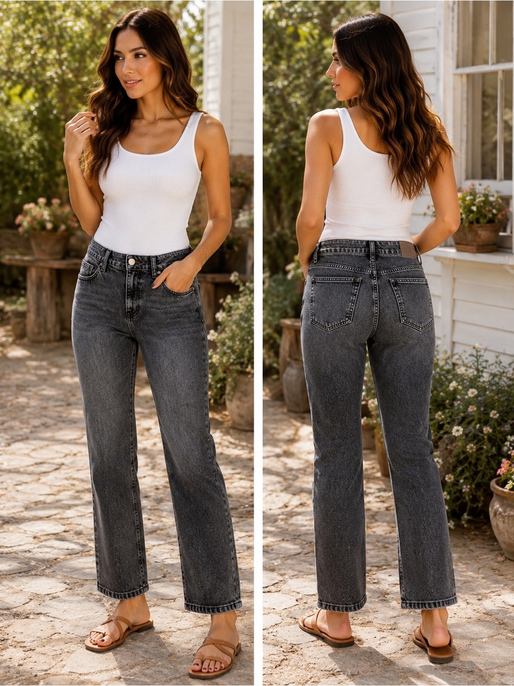 CAbi Black Washed Straight-Leg Jeans